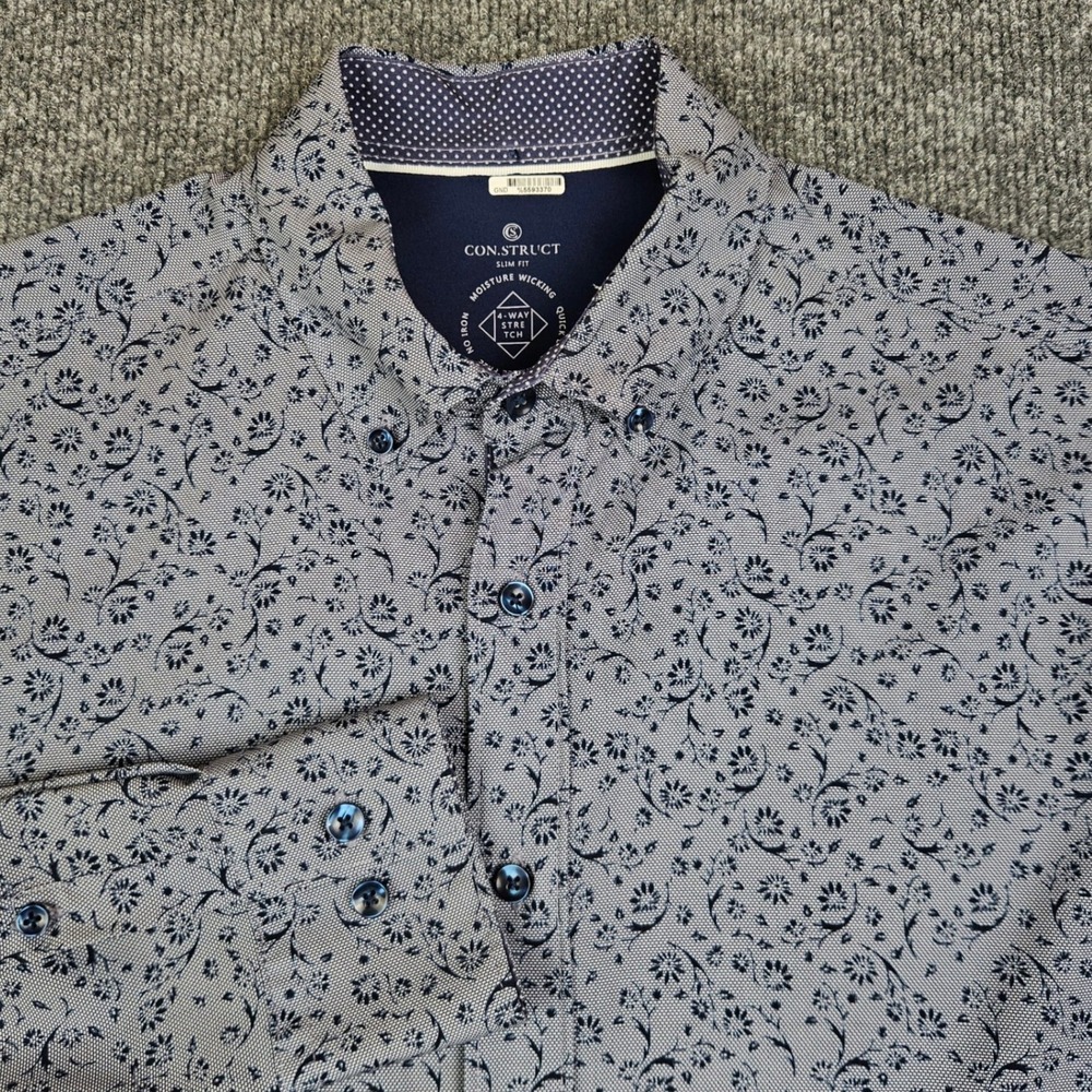 CONSTRUCT Slim Fit Button Down Shirt Men's M Blue Floral Print 4 Way‎ Stretch